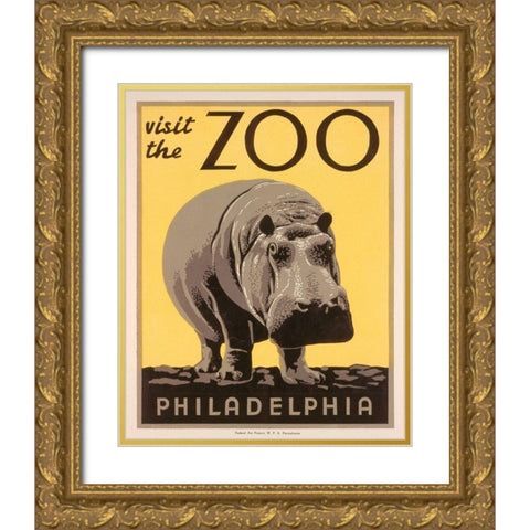 Visit the zoo - Philadelphia - Hippo Gold Ornate Wood Framed Art Print with Double Matting by WPA