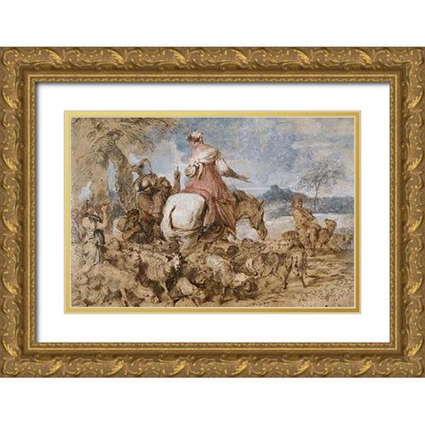Pastoral Journey Gold Ornate Wood Framed Art Print with Double Matting by Castiglione, Giovanni Benedetto