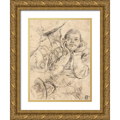 Four Studies of Heads Drawn over a Copy of Saint John the Evangelist by Correggio (recto); Three Stu Gold Ornate Wood Framed Art Print with Double Matting by Carracci, Annibale or Lodovico