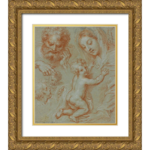 Studies of the Madonna and Child and of Heads (recto); Madonna and Child with Saint John Seated in a Gold Ornate Wood Framed Art Print with Double Matting by Corneille, Michel