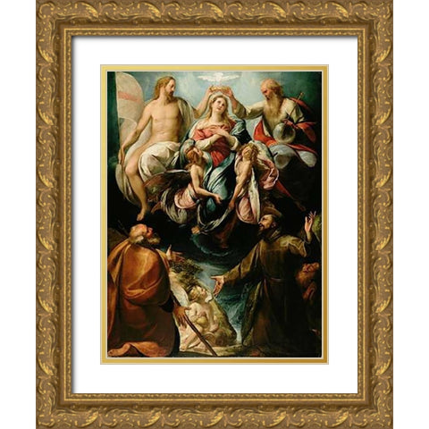 Coronation of the Virgin with Saints Joseph and Francis of Assisi Gold Ornate Wood Framed Art Print with Double Matting by Procaccini, Giulio