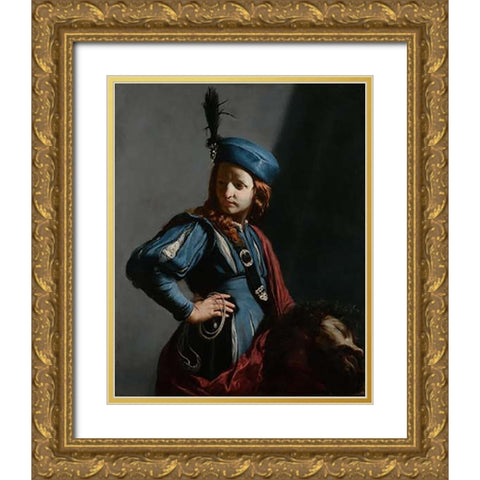 David with the Head of Goliath Gold Ornate Wood Framed Art Print with Double Matting by Cagnacci, Guido