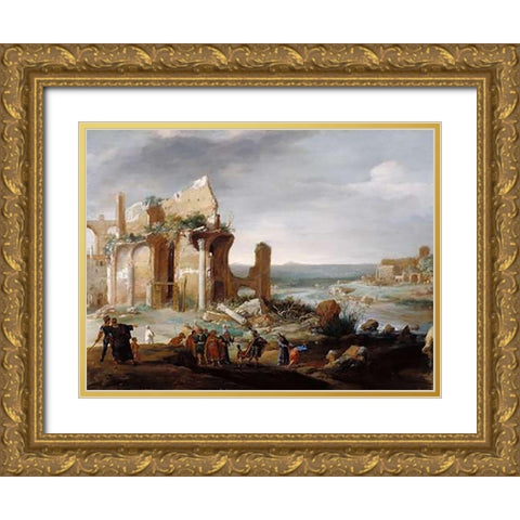 Moses and Aaron Changing the Rivers of Egypt to Blood Gold Ornate Wood Framed Art Print with Double Matting by Breenbergh, Bartholomeus