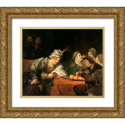 The Banquet of Ahasuerus Gold Ornate Wood Framed Art Print with Double Matting by de Gelder, Aert