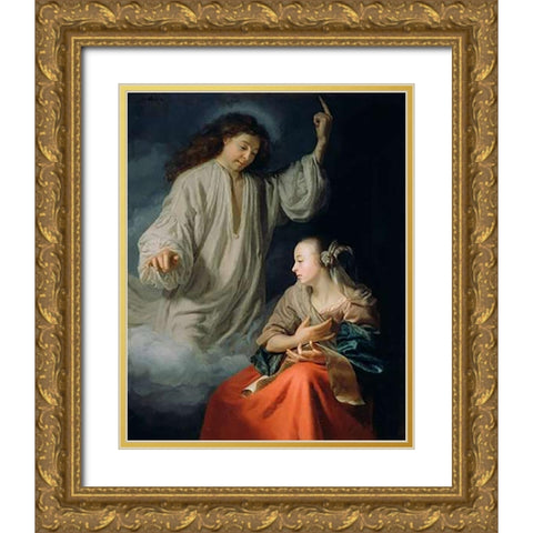 The Annunciation Gold Ornate Wood Framed Art Print with Double Matting by Schalcken, Godfried