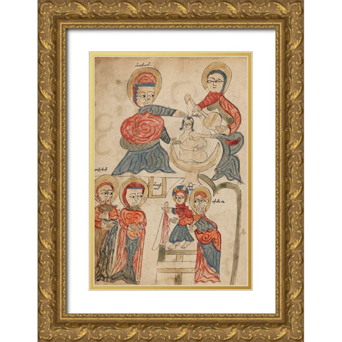 Bathing the Christ Child and The Presentation in the Temple Gold Ornate Wood Framed Art Print with Double Matting by Illuminator, Unknown 14th Century