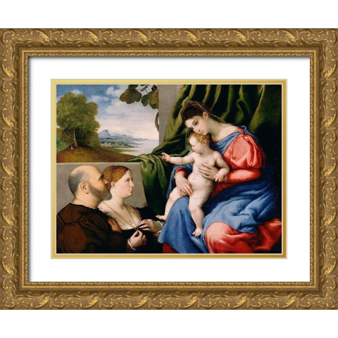 Madonna and Child with Two Donors Gold Ornate Wood Framed Art Print with Double Matting by Lotto, Lorenzo