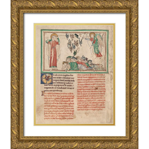 An Angel Standing in the Sun and Birds Invited to the Repast Gold Ornate Wood Framed Art Print with Double Matting by Illuminator, Unknown 13th Century