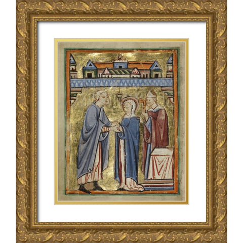 The Marriage of the Virgin Gold Ornate Wood Framed Art Print with Double Matting by Illuminator, Unknown 12th Century English