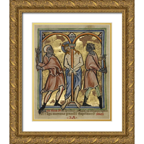 The Scourging of Christ Gold Ornate Wood Framed Art Print with Double Matting by Illuminator, Unknown 12th Century English