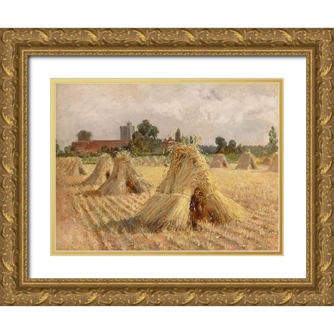 Corn Stooks by Bray Church, 1872 Gold Ornate Wood Framed Art Print with Double Matting by Hardy, Heywood