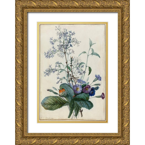 A Bouquet of Flowers with Insects Gold Ornate Wood Framed Art Print with Double Matting by Redoute, Pierre Joseph