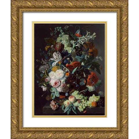 Still Life with Flowers and Fruit, c. 1715 Gold Ornate Wood Framed Art Print with Double Matting by Van Huysum, Jan