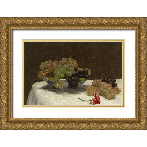 Still Life with Grapes and a Carnation, c. 1880 Gold Ornate Wood Framed Art Print with Double Matting by Latour, Henri Fantin