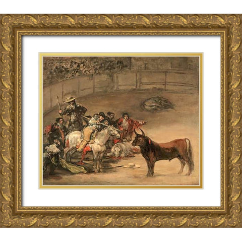 Bullfight, Suerte de Varas Gold Ornate Wood Framed Art Print with Double Matting by Goya, Francisco de