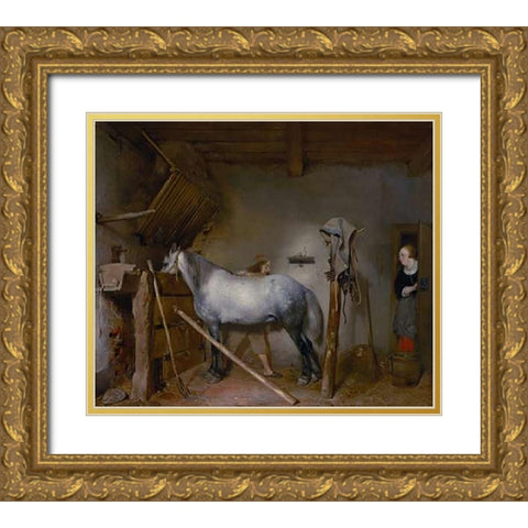 Horse Stable Gold Ornate Wood Framed Art Print with Double Matting by Ter Borch, Gerard
