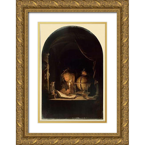 Astronomer by Candlelight, late 1650s Gold Ornate Wood Framed Art Print with Double Matting by Dou, Gerrit