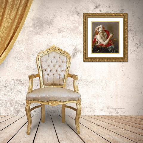 Bacchante with an Ape Gold Ornate Wood Framed Art Print with Double Matting by Ter Brugghen, Hendrick