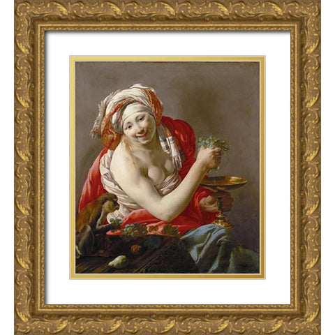 Bacchante with an Ape Gold Ornate Wood Framed Art Print with Double Matting by Ter Brugghen, Hendrick