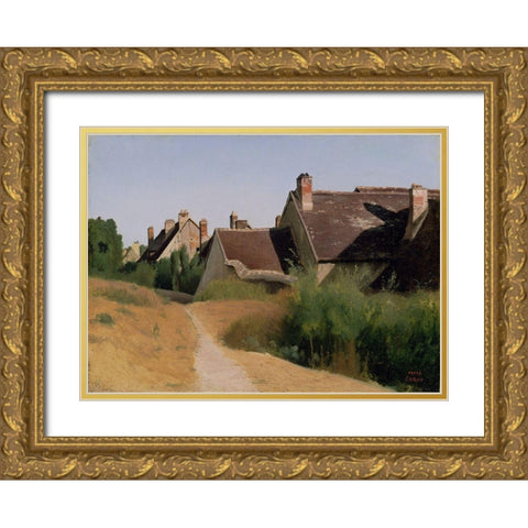 Houses near Orleans Gold Ornate Wood Framed Art Print with Double Matting by Corot, Jean-Baptiste-Camille