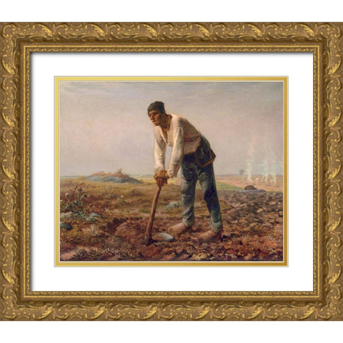 Man with a Hoe Gold Ornate Wood Framed Art Print with Double Matting by Millet, Jean-Francois