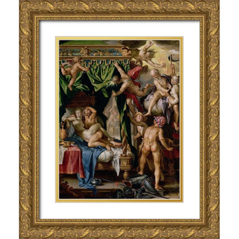Mars and Venus Surprised by Vulcan Gold Ornate Wood Framed Art Print with Double Matting by Wtewael, Joachim
