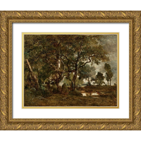 Forest of Fontainebleau, Cluster of Tall Trees Overlooking the Plain of Clair-Bois at the Edge of Ba Gold Ornate Wood Framed Art Print with Double Matting by Rousseau, Theodore