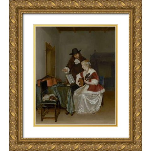 The Music Lesson Gold Ornate Wood Framed Art Print with Double Matting by Ter Borch, Gerard