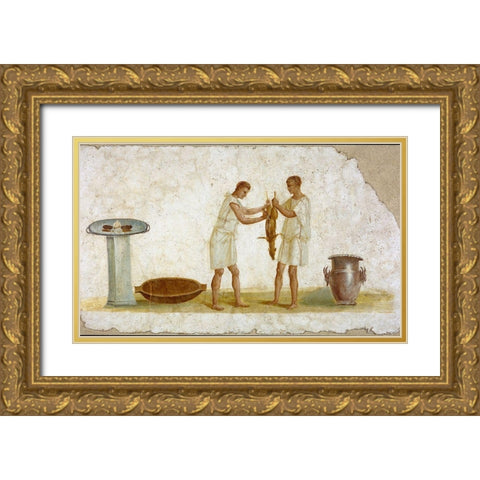 Fragment of a Fresco Panel with a Meal Preparation Gold Ornate Wood Framed Art Print with Double Matting by Artisan, Unknown 2nd Century Roman