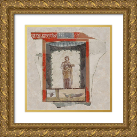 Fresco Depicting a Woman (Maenad) Holding a Dish, Peacock and Fruit Below Gold Ornate Wood Framed Art Print with Double Matting by Artisan, Unknown 1st Century Roman