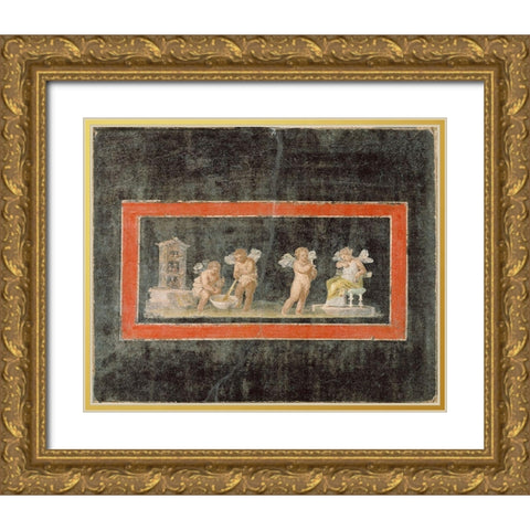 Fresco Fragment with Cupids and Psyche Making Perfume Gold Ornate Wood Framed Art Print with Double Matting by Artisan, Unknown 1st Century Roman
