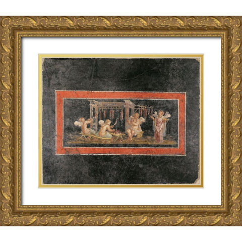 Fresco Fragment with Four Cupids Hanging Garlands Gold Ornate Wood Framed Art Print with Double Matting by Artisan, Unknown 1st Century Roman