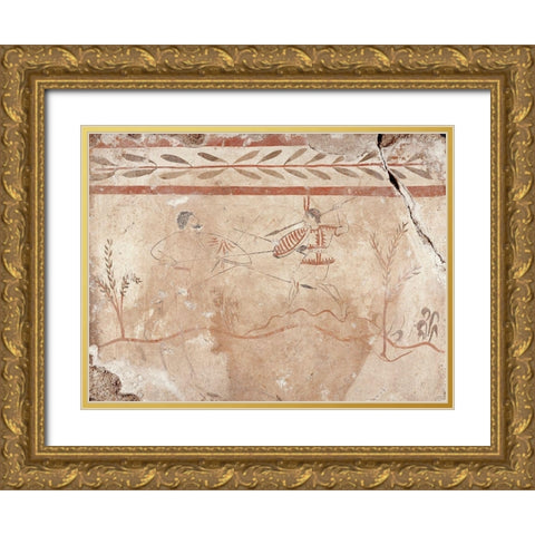 Fresco Panel with Two Warriors Gold Ornate Wood Framed Art Print with Double Matting by Artisan, Unknown 4th Century BCE Greek