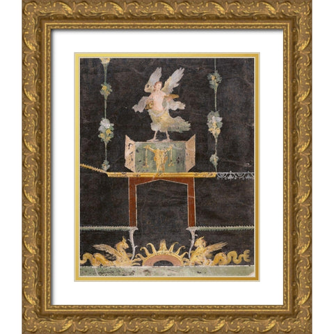 Wall fragment with Siren, Sea Monsters and Niche on Black Ground Gold Ornate Wood Framed Art Print with Double Matting by Artisan, Unknown 1st Century Roman