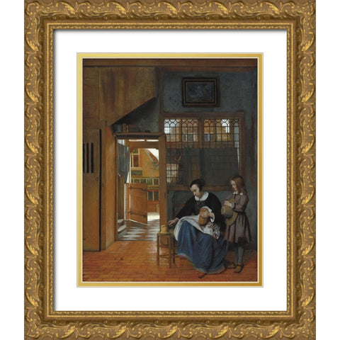 A Woman Preparing Bread and Butter for a Boy Gold Ornate Wood Framed Art Print with Double Matting by de Hooch, Pieter