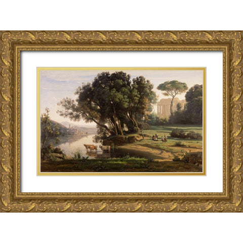 Italian Landscape (Soleil Levant) Gold Ornate Wood Framed Art Print with Double Matting by Corot, Jean-Baptiste-Camille