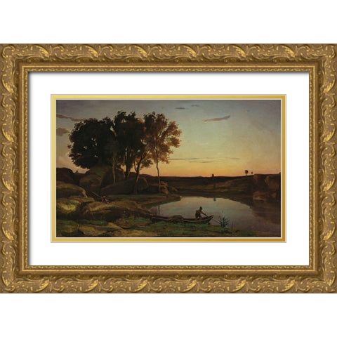 Landscape with Lake and Boatman Gold Ornate Wood Framed Art Print with Double Matting by Corot, Jean-Baptiste-Camille