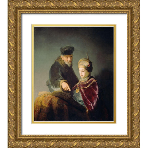 A Young Scholar and his Tutor Gold Ornate Wood Framed Art Print with Double Matting by Rembrandt Harmensz van Rijn, Workshop of