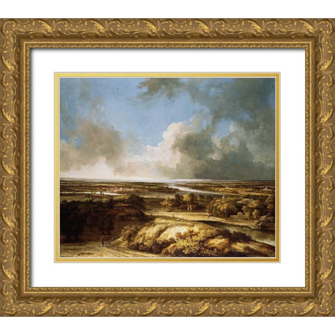 A Panoramic Landscape Gold Ornate Wood Framed Art Print with Double Matting by Koninck, Philips