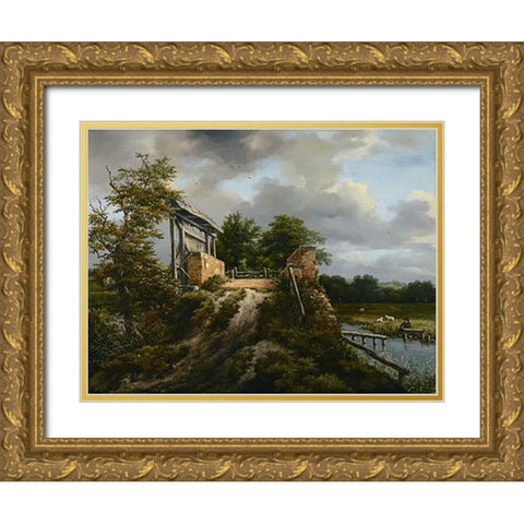 Bridge with a Sluice Gold Ornate Wood Framed Art Print with Double Matting by Van Ruisdael, Jacob