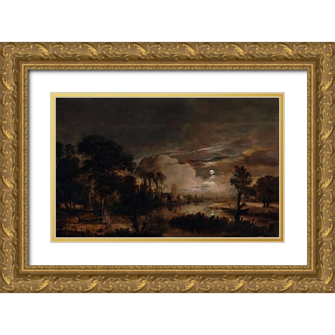 Moonlit Landscape with a View of the New Amstel River and Castle Kostverloren Gold Ornate Wood Framed Art Print with Double Matting by Van Der Neer, Aert