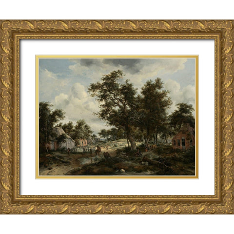 A Wooded Landscape with Travelers on a Path through a Hamlet Gold Ornate Wood Framed Art Print with Double Matting by Hobbema, Meindert