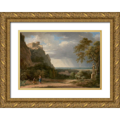 Classical Landscape with Figures and Sculpture Gold Ornate Wood Framed Art Print with Double Matting by de Valenciennes, Pierre-Henri