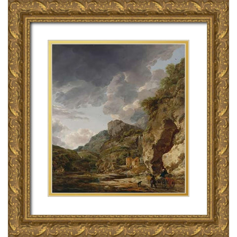 Mountain Landscape with River and Wagon Gold Ornate Wood Framed Art Print with Double Matting by Nauwincx, Herman and Schellinks, Willem