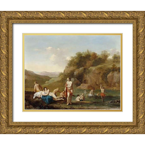 Landscape with Bathing Nudes Gold Ornate Wood Framed Art Print with Double Matting by Poelenburgh, Cornelis van