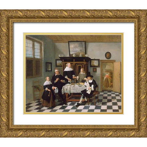Family Group in an Interior Gold Ornate Wood Framed Art Print with Double Matting by Van Brekelenkam, Quiringh Gerritsz