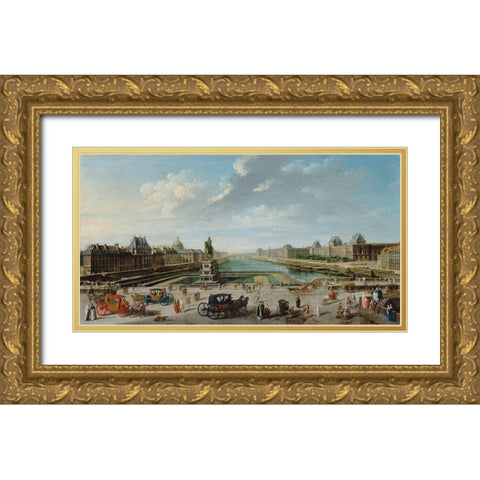 A View of Paris from the Pont Neuf Gold Ornate Wood Framed Art Print with Double Matting by Raguenet, Jean-Baptiste