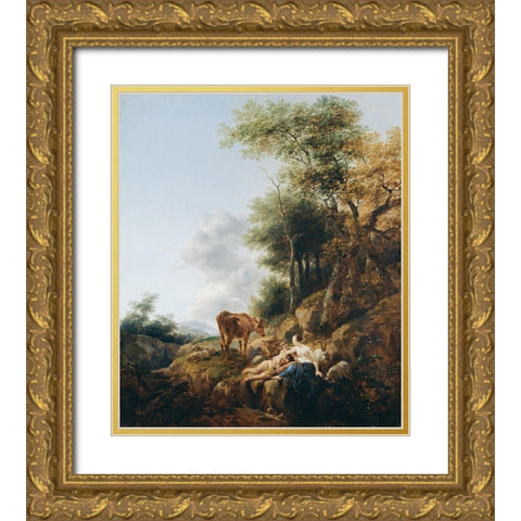 Landscape with a Nymph and a Satyr Gold Ornate Wood Framed Art Print with Double Matting by Berchem, Nicolaes
