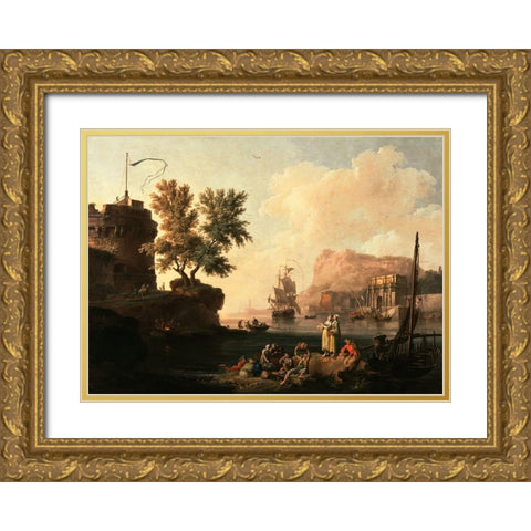 Mediterranean Harbor Scene Gold Ornate Wood Framed Art Print with Double Matting by Volaire, Pierre-Jacques