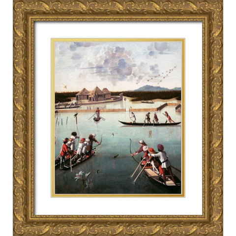 Hunting on the Lagoon Gold Ornate Wood Framed Art Print with Double Matting by Carpaccio, Vittore
